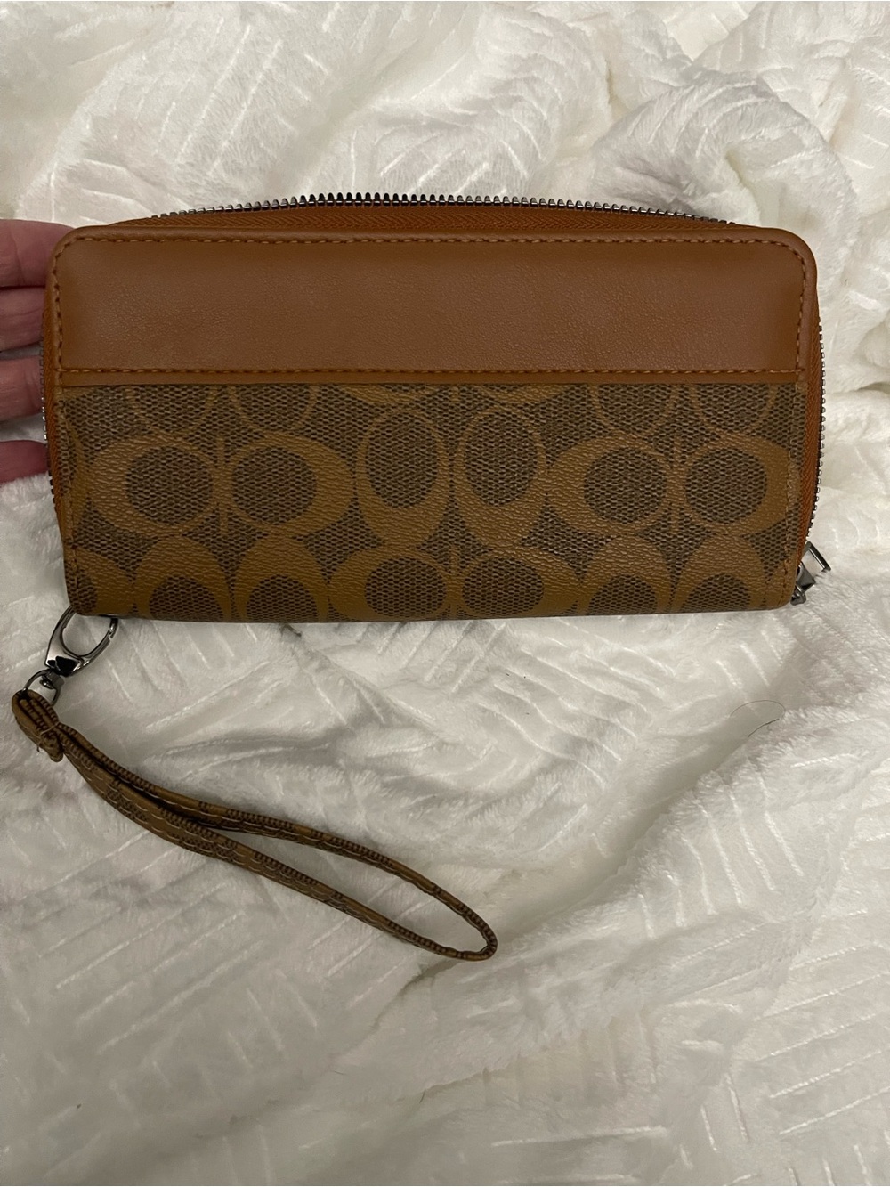 Brown Signature Canvas Zip Wristlet with Leather Trim